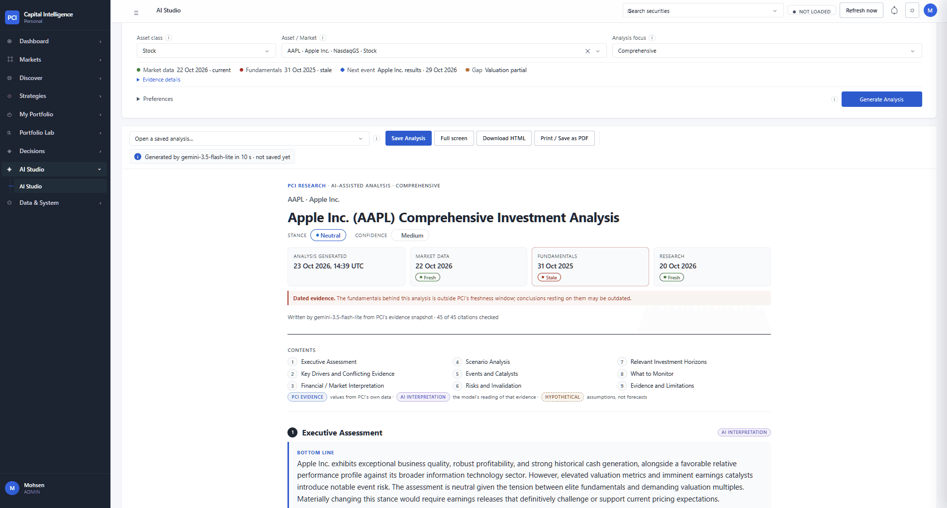 AI Studio report header: Apple comprehensive investment analysis, stance and confidence, with market data, fundamentals and research each dated and marked fresh or stale.